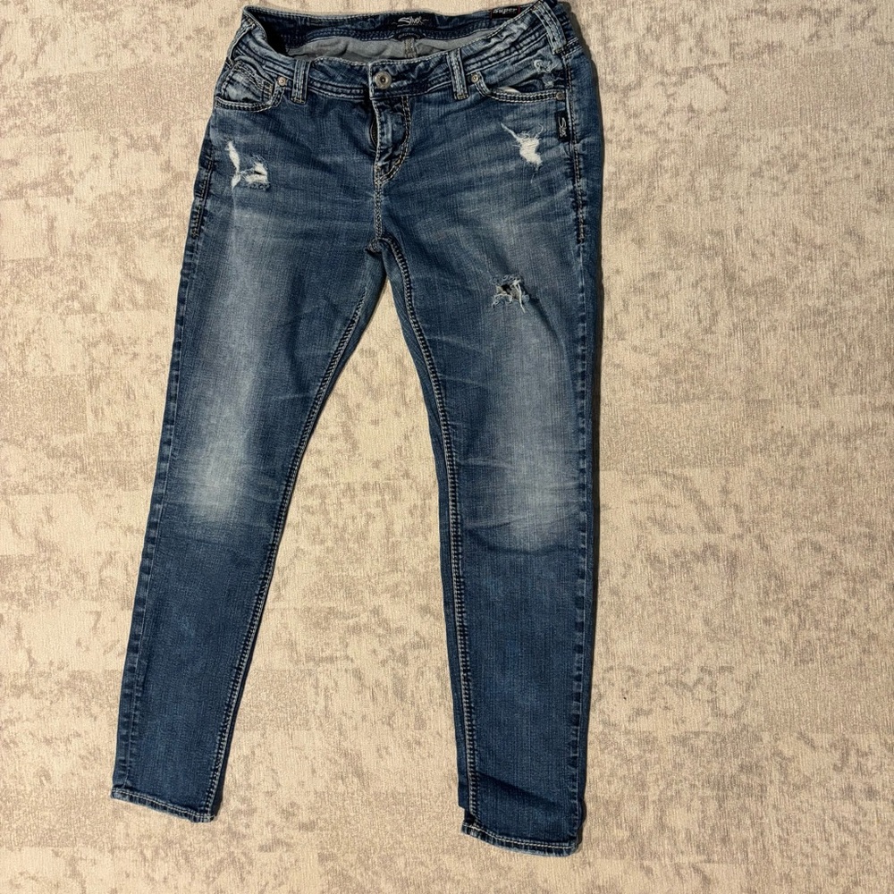 Silver Jeans Dark Blue Distressed Skinny Jeans